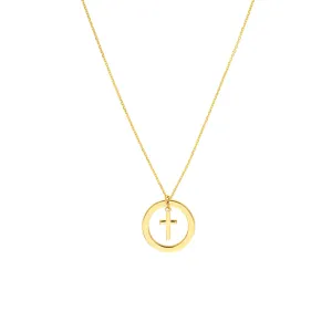 14K Yellow Gold Cut Out Circle Cross Adjustable Necklace