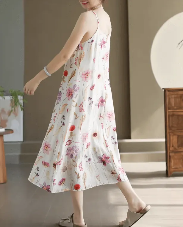 Babakud Women Summer Flower Tencel Linen Sleeveless Midi Dress