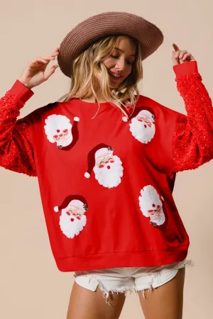 BiBi Santa Beard Patched Mineral Washed Top with Velvet Sequin Sleeves in Red