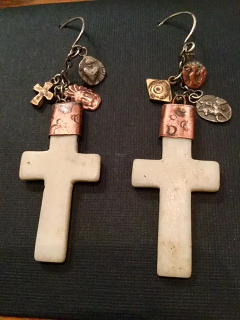 Bone Cross Earrings Copper Charms