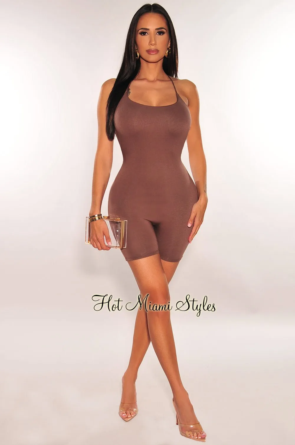 Chocolate Spaghetti Strap Open Back Criss Cross Scrunch Butt Romper