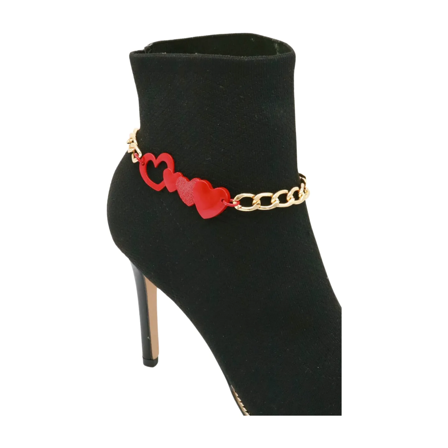 Gold Metal Boot Chain Bracelet Shoe Red Heart Charm