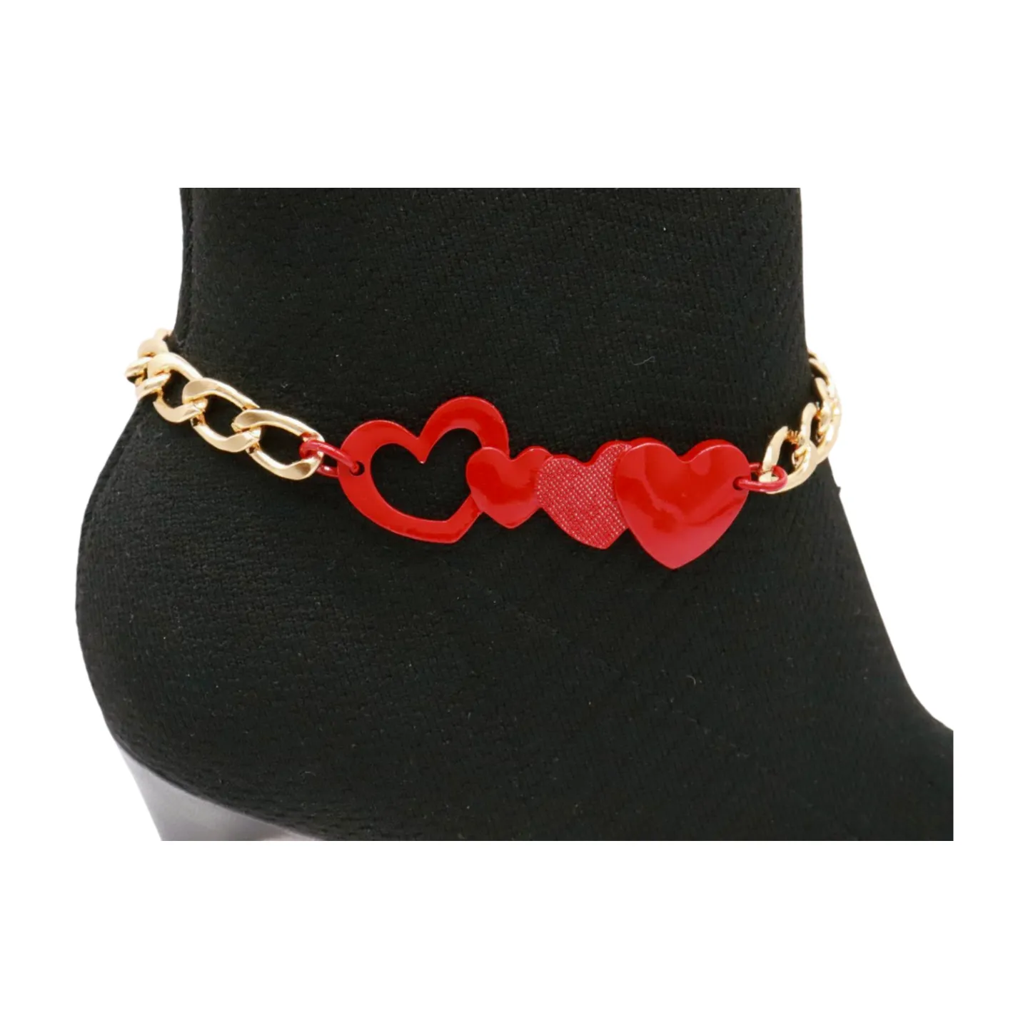 Gold Metal Boot Chain Bracelet Shoe Red Heart Charm