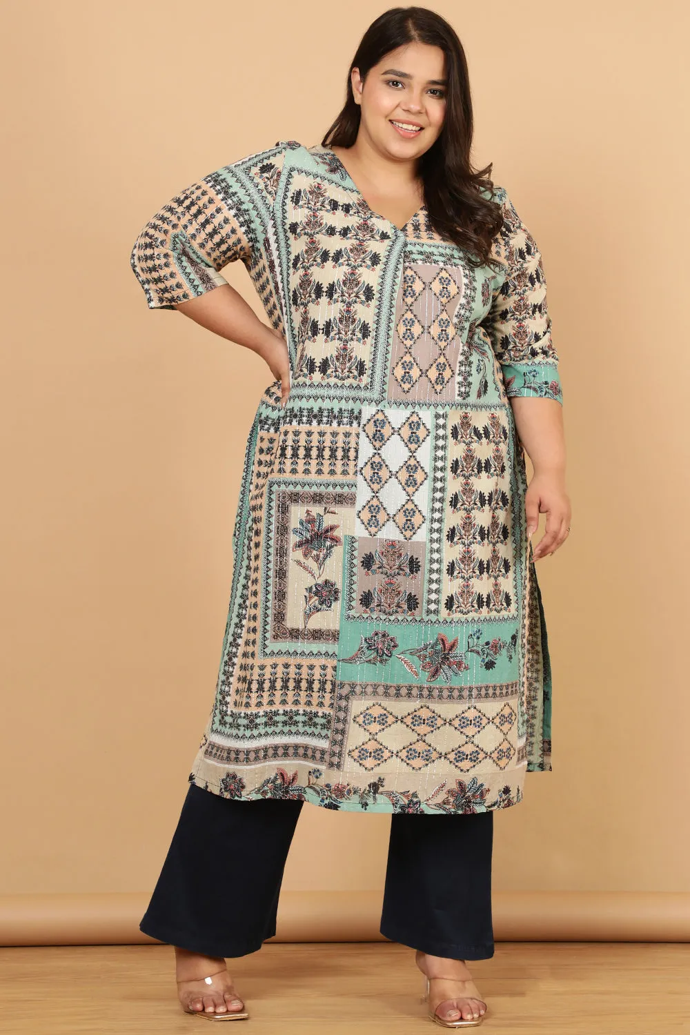 Green White Ethnic Scarf Print Cotton Kurta