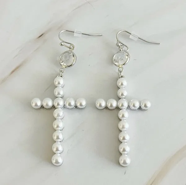 Pearl Cross Dangle Earrings